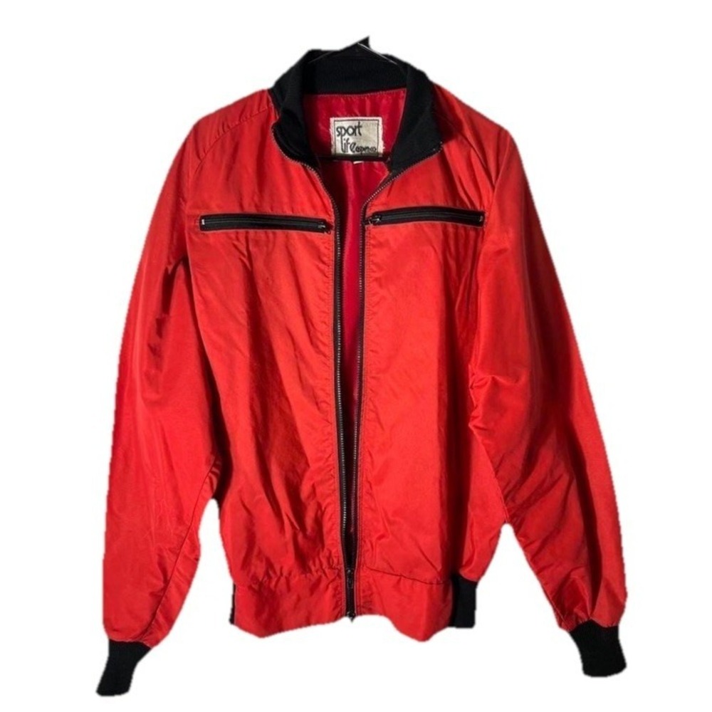 Vintage Red Bomber Jacket Nylon Cropped Zip Black Trim M L